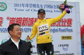 Ina Yoko Teutenberg (HTC-HighRoad), the race leader, on the podium after winning stage 1