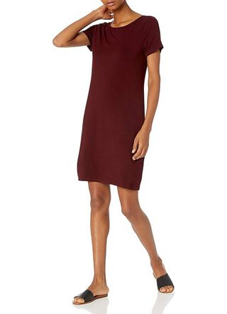 Amazon Essentials Women's Jersey Regular-Fit Ballet-Back T-Shirt Dress (previously Daily Ritual), Dark Red, Large