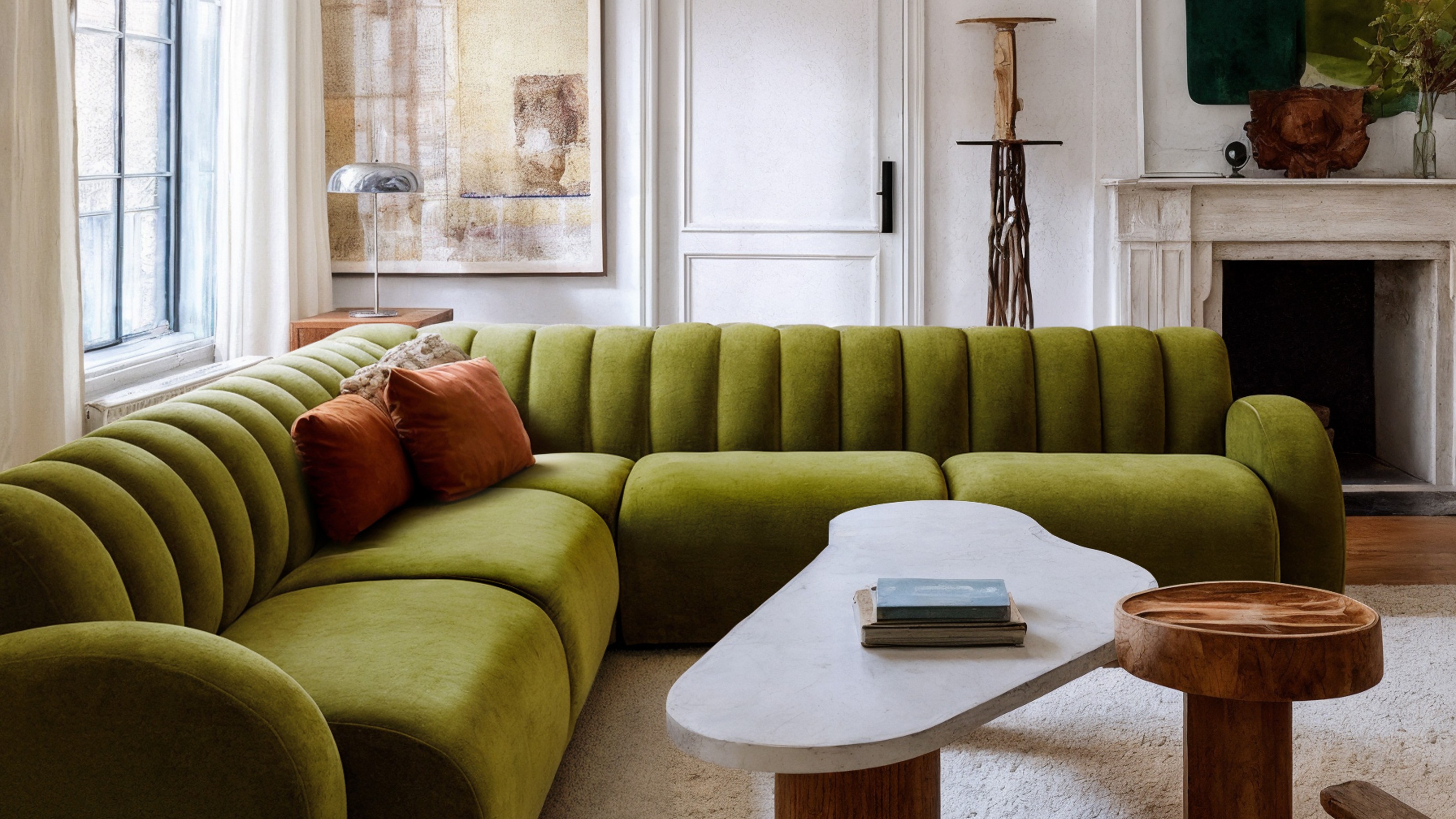 Schplendid&#039;s Lionel corner sofa in green velvet in a high-end living room