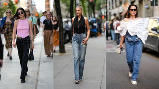 Three women wearing straight leg jeans with evening tops illustrating how to style straight leg jeans