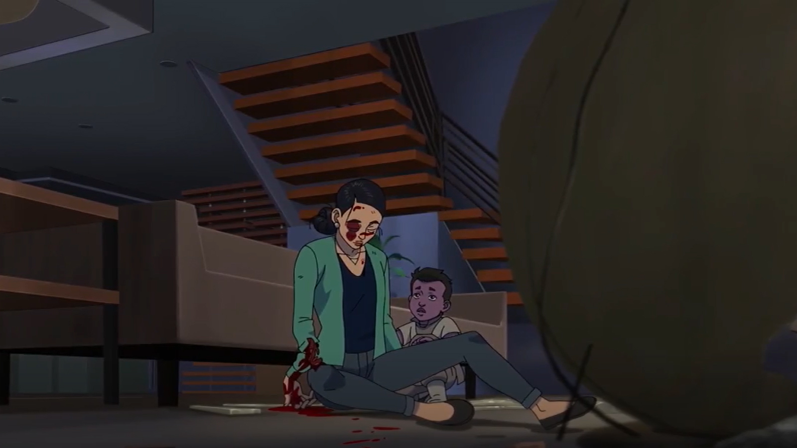 An injured Debbie sits in front of her couch with Oliver next to her in Invincible's season 2 finale