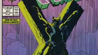 A screenshot of Uncanny X-Men issue 251 showing Wolverine hanging on a giant X cross