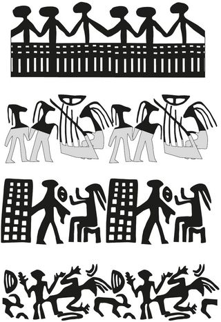 Mesopotamian Bronze Age artifacts show designs associated with revelry. Many think such images of feasting and sexual congress depict a sacred marriage rite, in which a king was married to a goddess. The second from the top row shows a reconstruction of the musical performance image found on a shard of pottery from the Bronze Age.