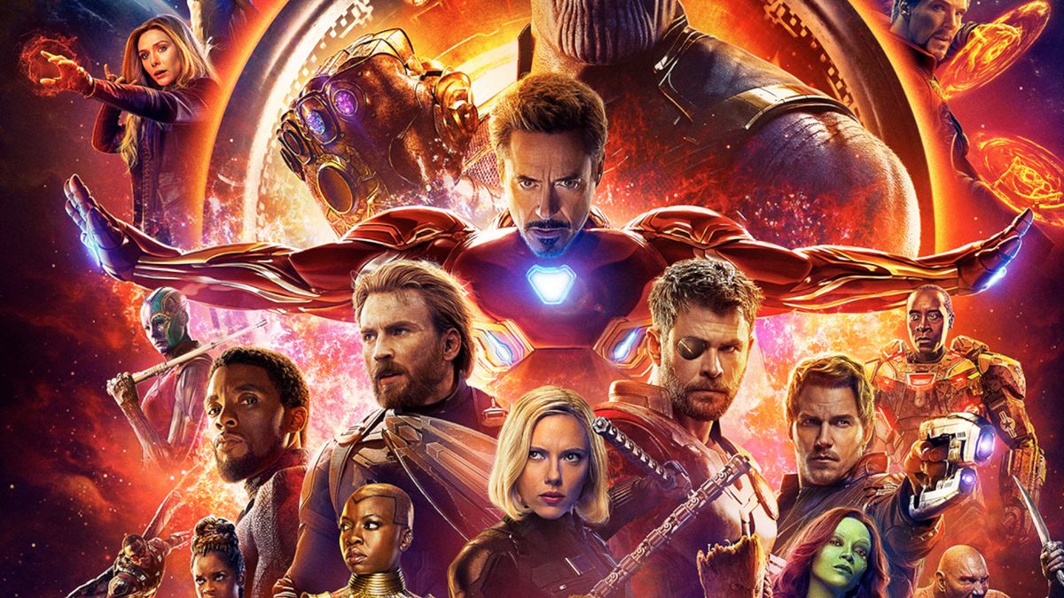 A screenshot of the poster for Avengers: Infinity War with Iron Man and the rest of the Marvel gang in front of Thanos.