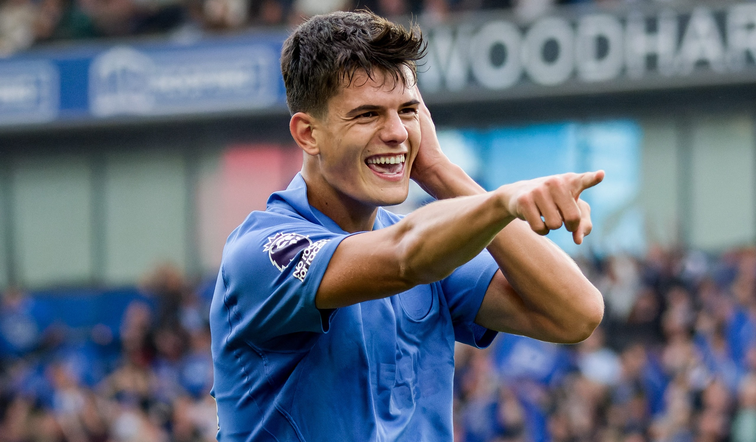 Chema Andres celebrates scoring Brighton &amp; Hove Albion's third goal during the Premier League 2026/27 match against Arsenal FC at American Express Stadium on September 19, 2026 in Brighton, England