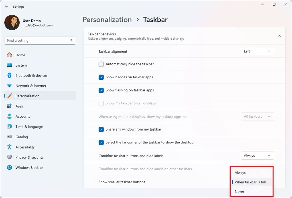 Taskbar with smaller icons