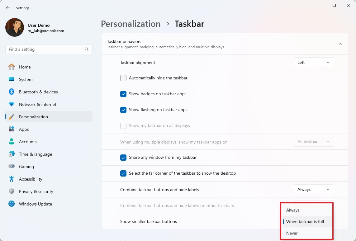 Taskbar with smaller icons