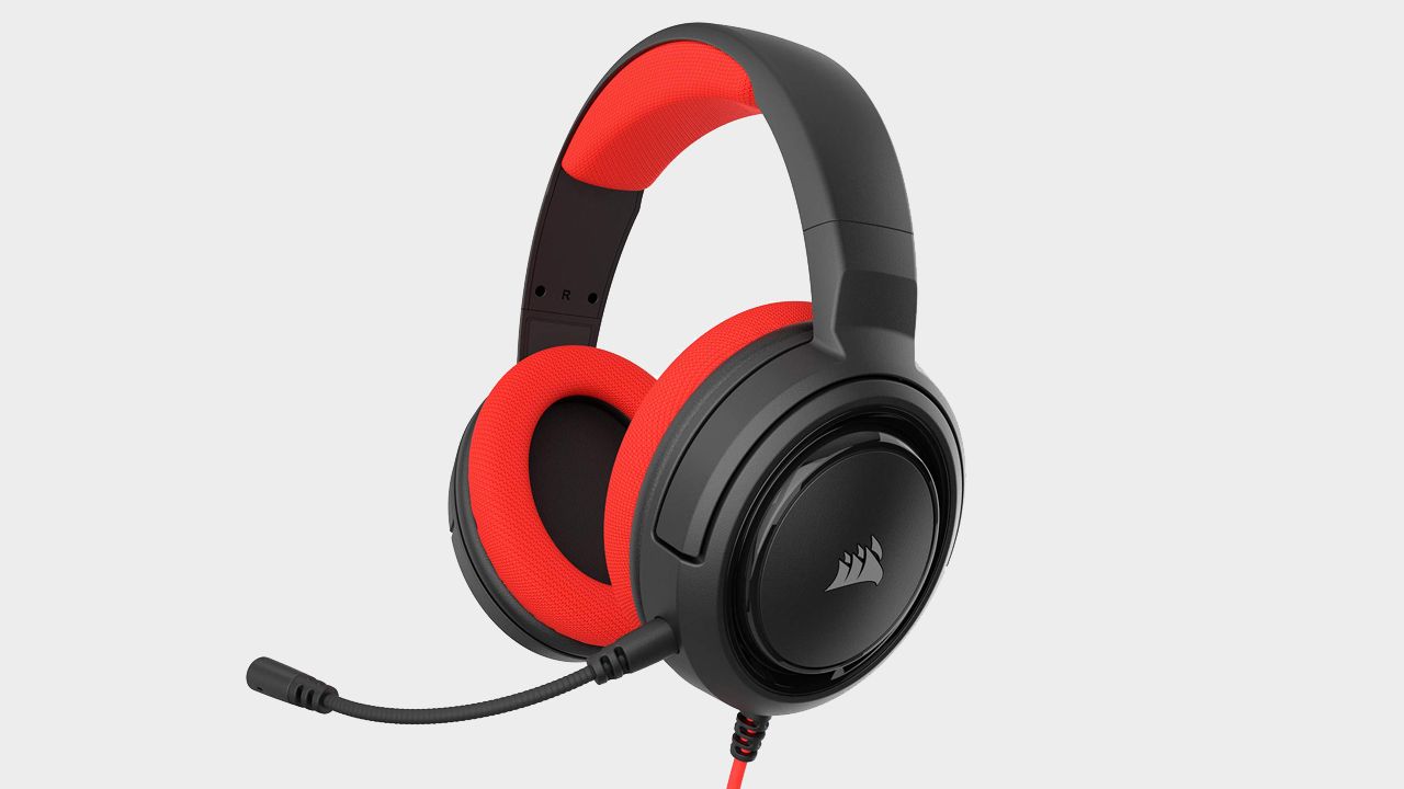 Image of a black and red headset with a plain background.