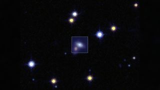 Seen here are the four, duplicated images of SN Zwicky. They have been observed at the highest possible resolution with the W.M. Keck Observatory. The surroundings are observed at a lower resolution. This image has been rotated 90 degrees in order to fit into a 16 by 9 image format. 