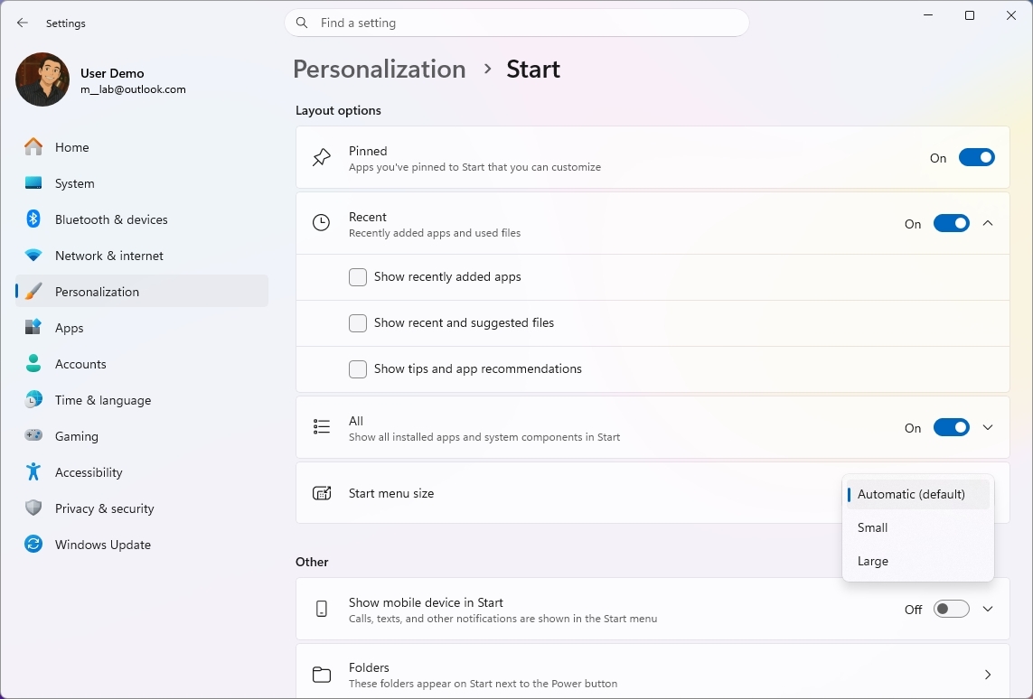 Windows 11 Settings in the new Start settings.