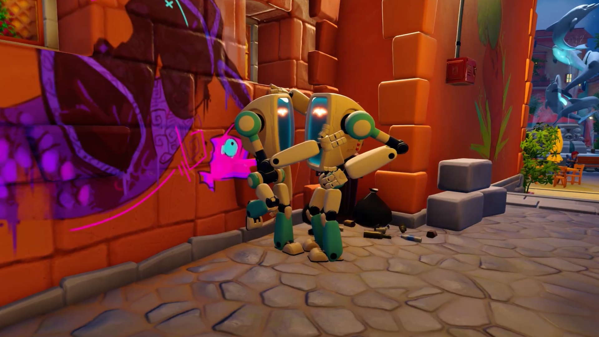 Two mechs embrace each other in an alley in a screenshot from Autonomica. 