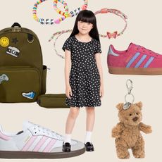 Collage of Jellycat Bag Charm, Adidas Sneakers, Backpack, and More