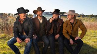 Ty Ferrell, Mitchell Kolinsky, Brandon Rogers and Nathan Smothers sitting and laughing in a promotional shot for Farmer Wants a Wife season 2