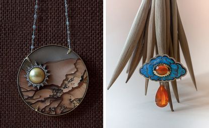 Left sees a Jasper gemstone brooch and right sees a Kingfisher feather hair ornament
