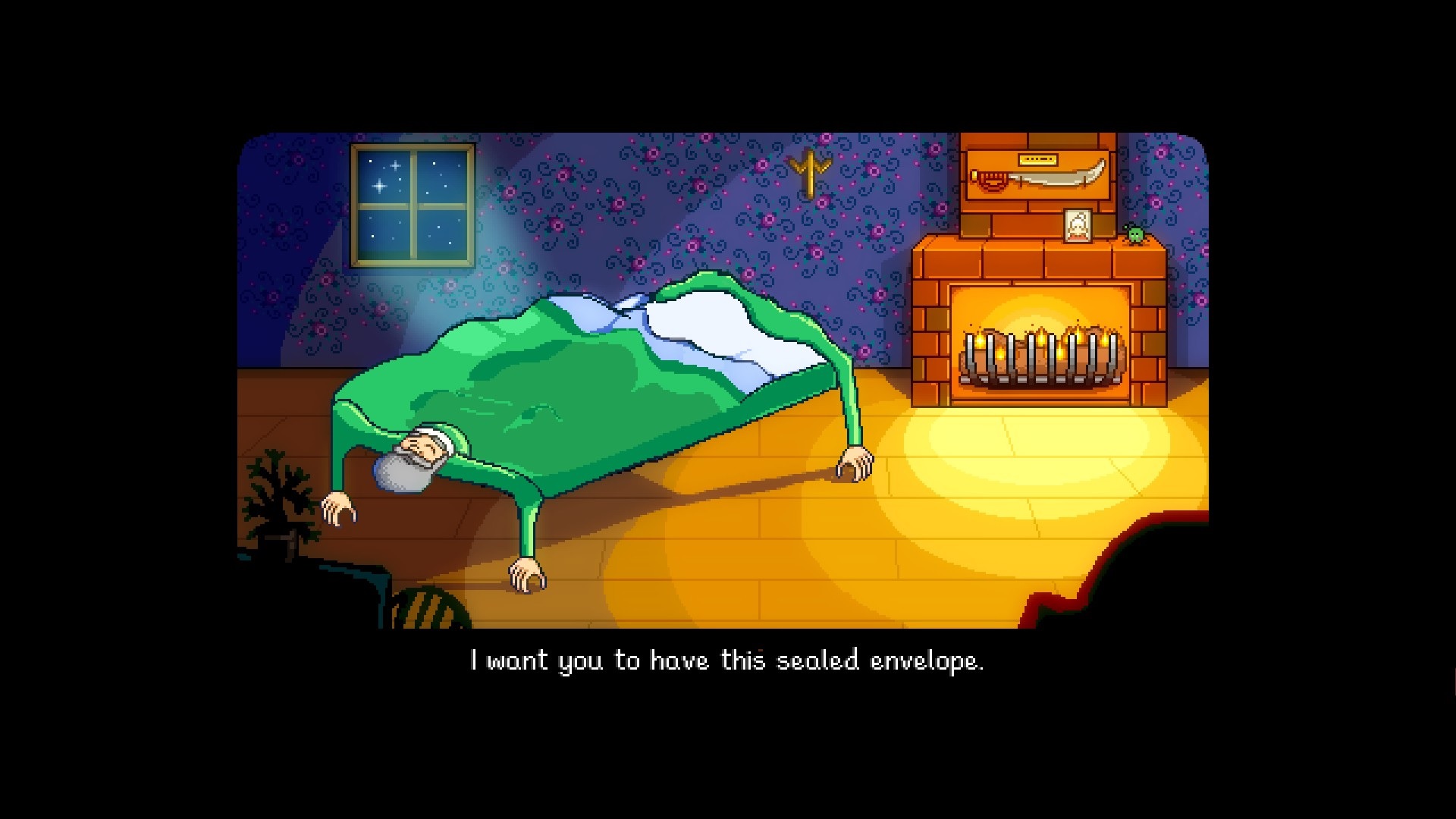 Stardew Valley mod - A green sheet with grandpa's face covering his bed.