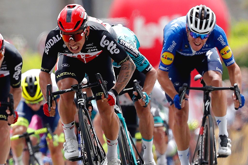 HAMOIR BELGIUM JUNE 12 Caleb Ewan of Australia and Team Lotto Soudal Davide Ballerini of Italy and Team Deceuninck QuickStep Giacomo Nizzolo of Italy and Team Qhubeka Assos sprint at arrival during the 90th Baloise Belgium Tour 2021 Stage 4 a 1527km stage from Hamoir to Hamoir baloisebelgiumtour on June 12 2021 in Hamoir Belgium Photo by Bas CzerwinskiGetty Images