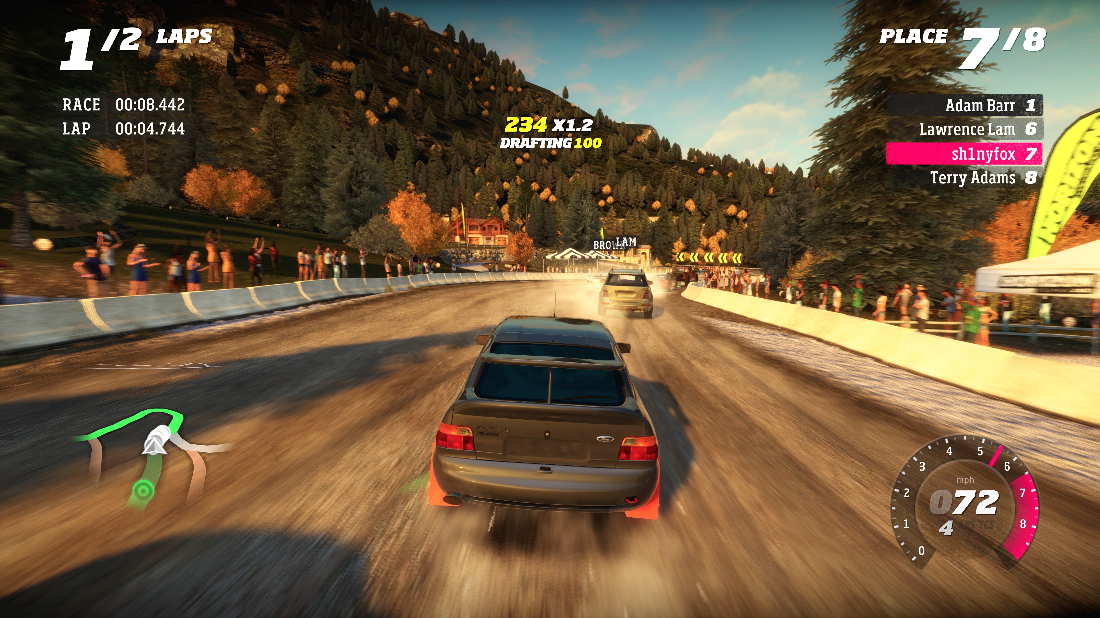 A race event in Forza Horizon showing a Ford Escort Cosworth.