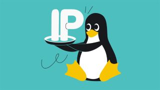 Surfshark graphic of the Linux penguin holding a tray with the letters "IP" on it