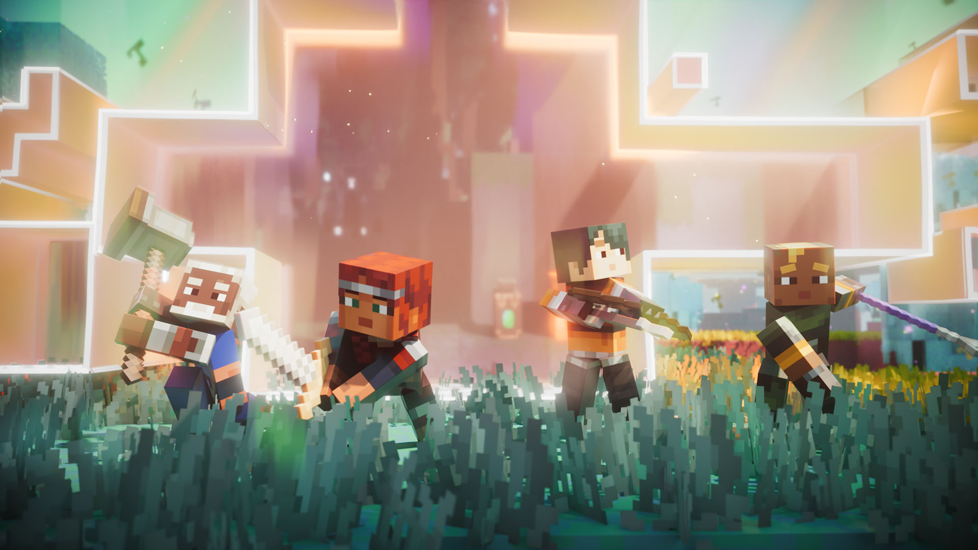 A team of four adventurers ready to tackle Minecraft Dungeons 2, wielding a big hammer, a sword, a crossbow, and a purple stick