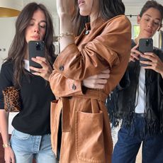 A collage of ilana wearing a black sweater and jeans, a tan leather jacket, and a black fringe jacket with a white tee and blue jeans.
