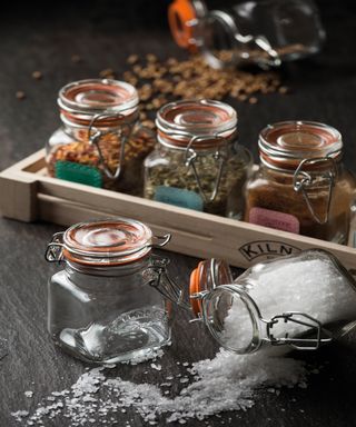Spices organized in kilner jars