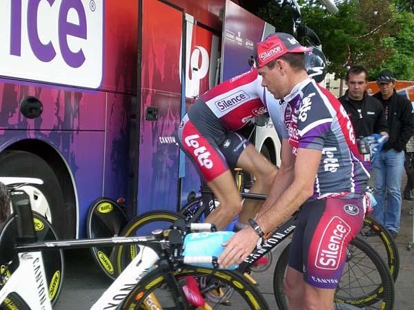Cadel Evans is cautious about his equipment before the race.