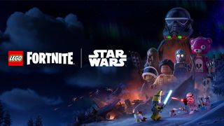 Lego Fortnite Star Wars Logos shown against a backdrop of iconic Star Wars characters in Lego form.