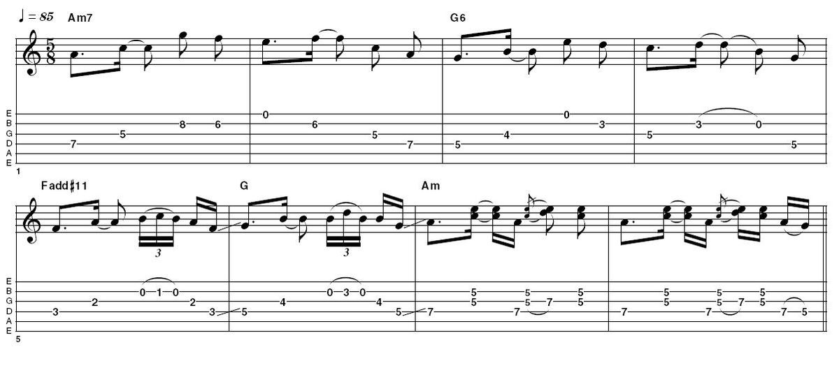 Ex1: 5/8 time signature - The first example here is inspired by Sting's uses of odd time signatures on Ten Summoner's Tales. It emphasises the flavour of 5/8; once you've got used to the feel see what you can come up with on your own.