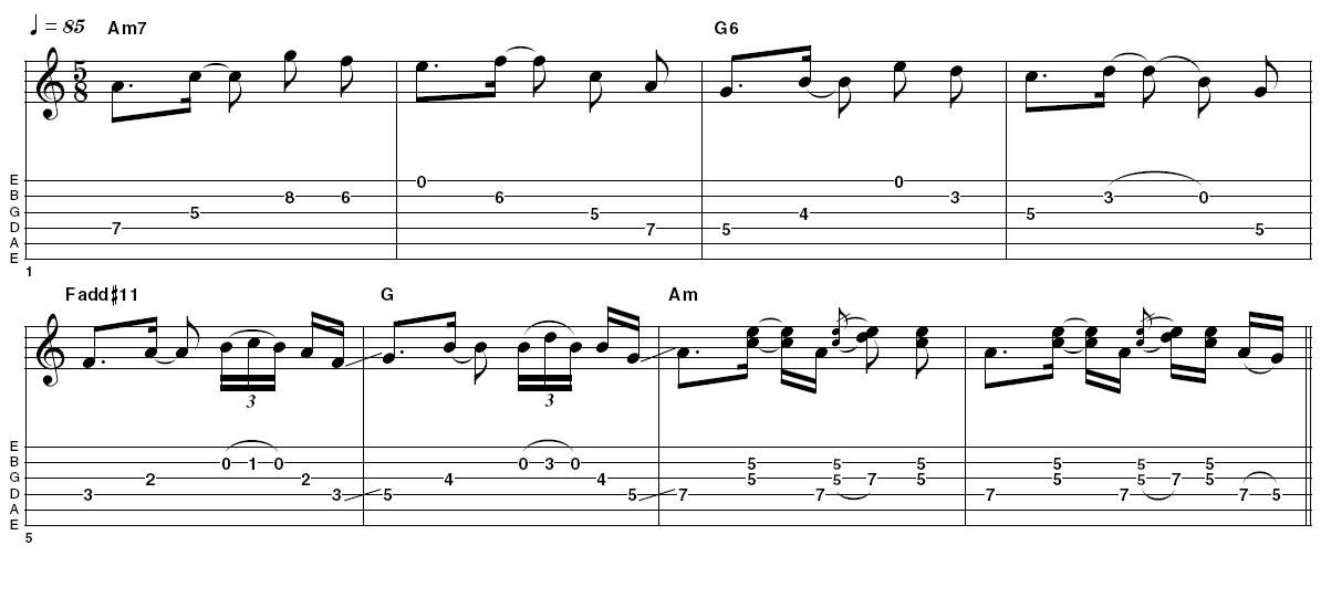 Ex1: 5/8 time signature - The first example here is inspired by Sting's uses of odd time signatures on Ten Summoner's Tales. It emphasises the flavour of 5/8; once you've got used to the feel see what you can come up with on your own.