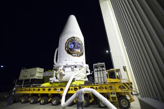 The Orbital ATK Cygnus spacecraft to launch NASA cargo on the OA-7 mission is seen here, inside its protective payload fairing, en route to be mated to its Atlas V rocket ahead of its launch from Cape Canaveral Air Force Station in Florida.