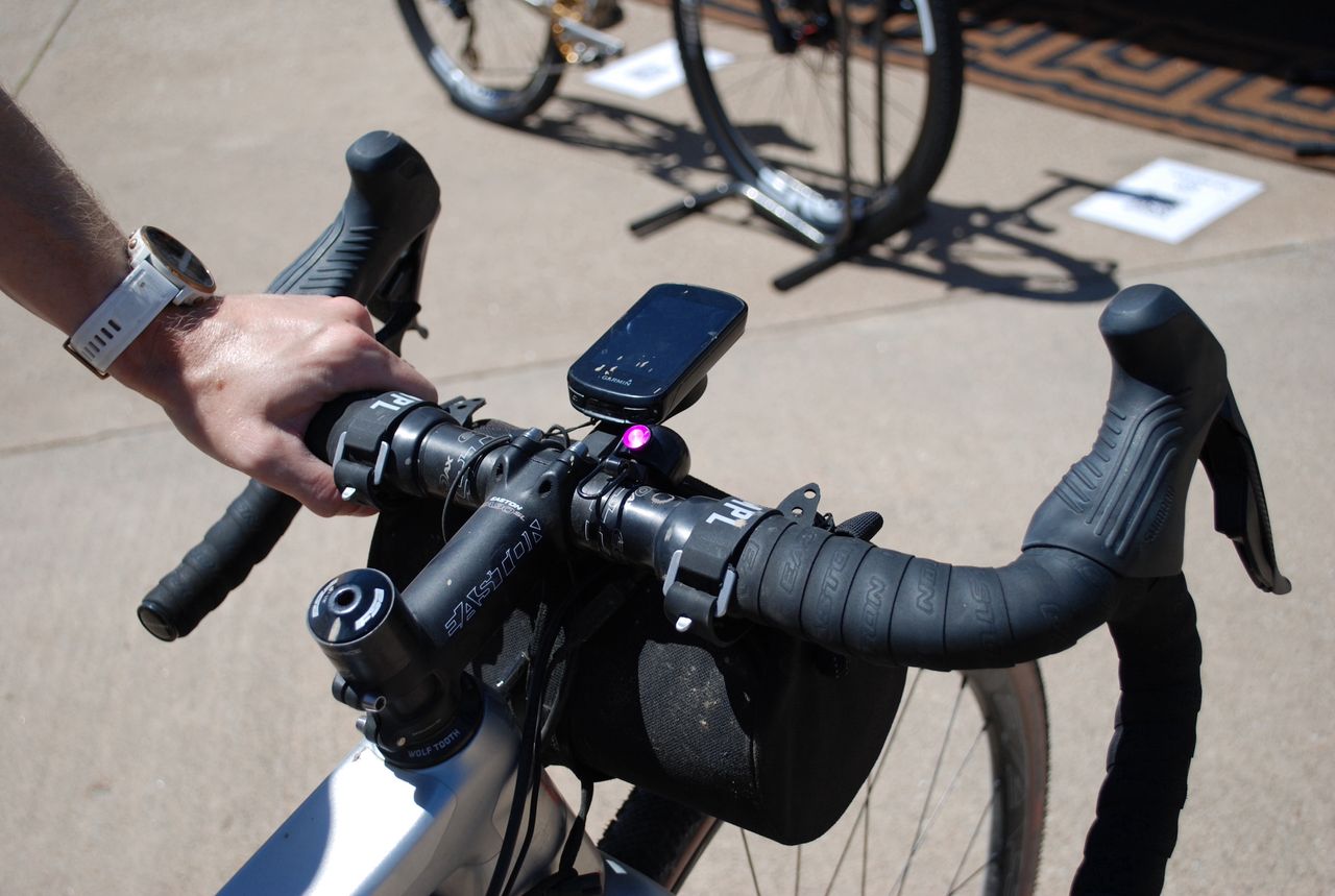 Easton cockpit stocked with a bar bag, a Garmin and even, a Spurcycle bell