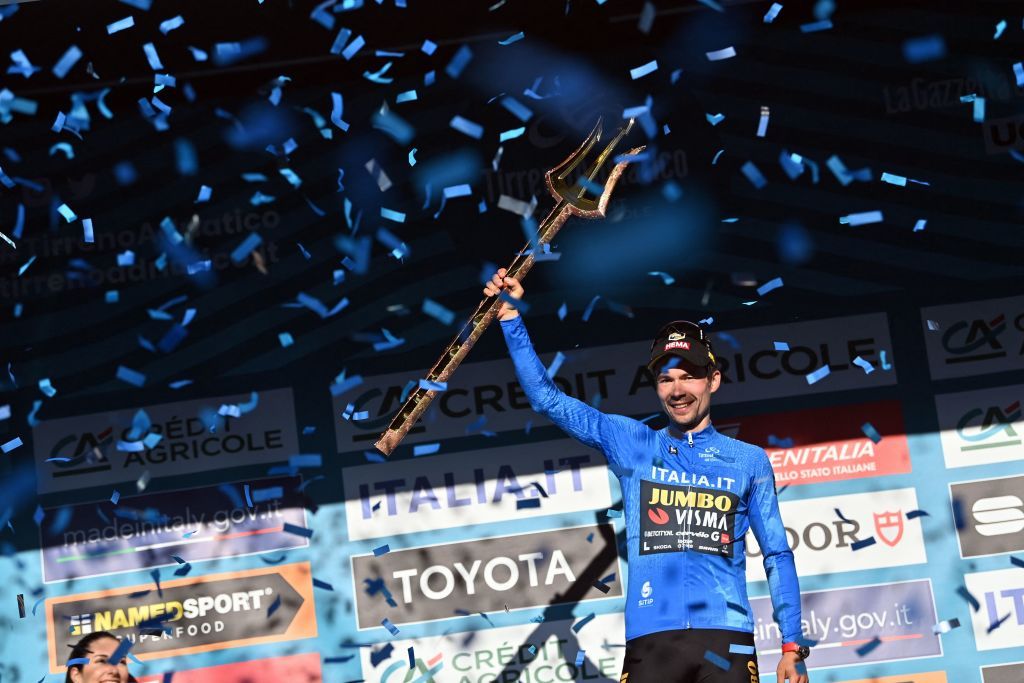 Slovenian Primoz Roglic of JumboVisma wearing the blue jersey of leader in the overall ranking stage 7 the final stage of the TirrenoAdriatico cycling race 154 km from and to San Benedetto del Tronto in Italy Sunday 12 March 2023 BELGA PHOTO DIRK WAEM Photo by DIRK WAEM BELGA MAG Belga via AFP Photo by DIRK WAEMBELGA MAGAFP via Getty Images