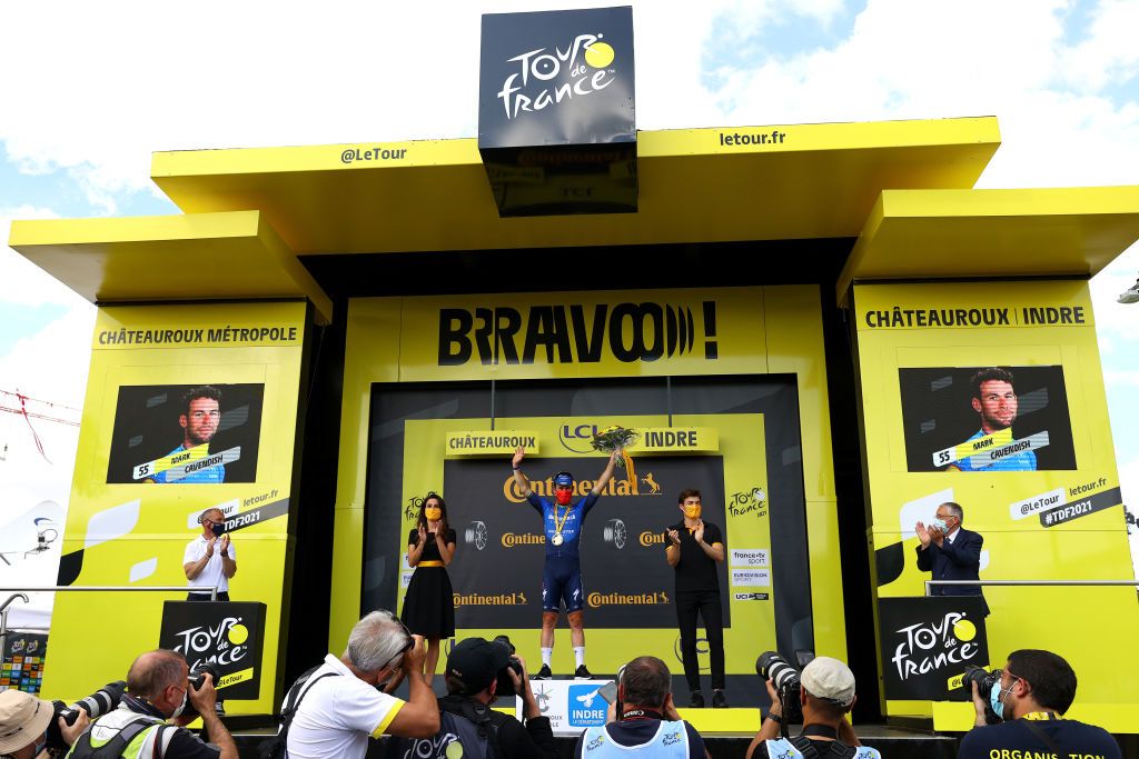 CHATEAUROUX FRANCE JULY 01 Mark Cavendish of The United Kingdom and Team Deceuninck QuickStep celebrates at podium during the 108th Tour de France 2021 Stage 6 a 1606km stage from Tours to Chteauroux LeTour TDF2021 on July 01 2021 in Chateauroux France Photo by Tim de WaeleGetty Images