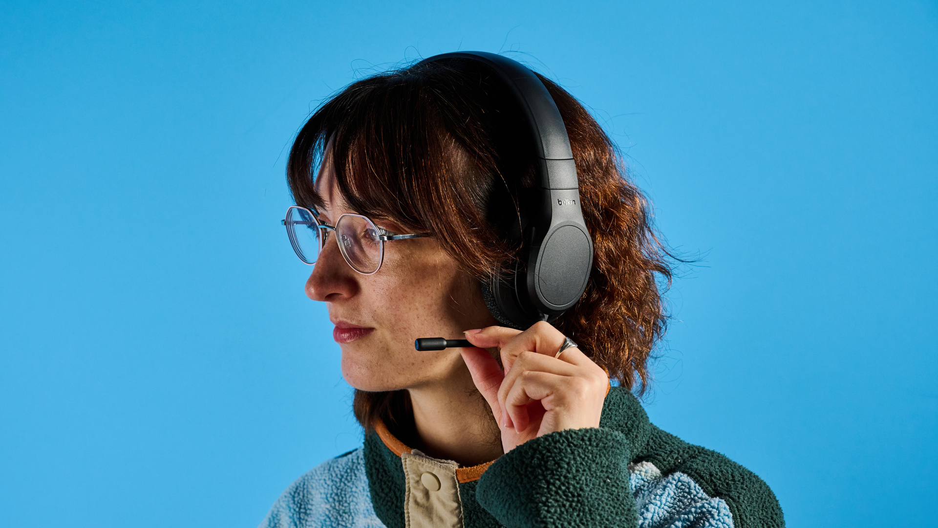 A black Belkin SoundForm Adapt wireless headset