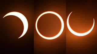 three images side by side showing the moon cover more and more of the sun until just a ring of fire remains in the middle.