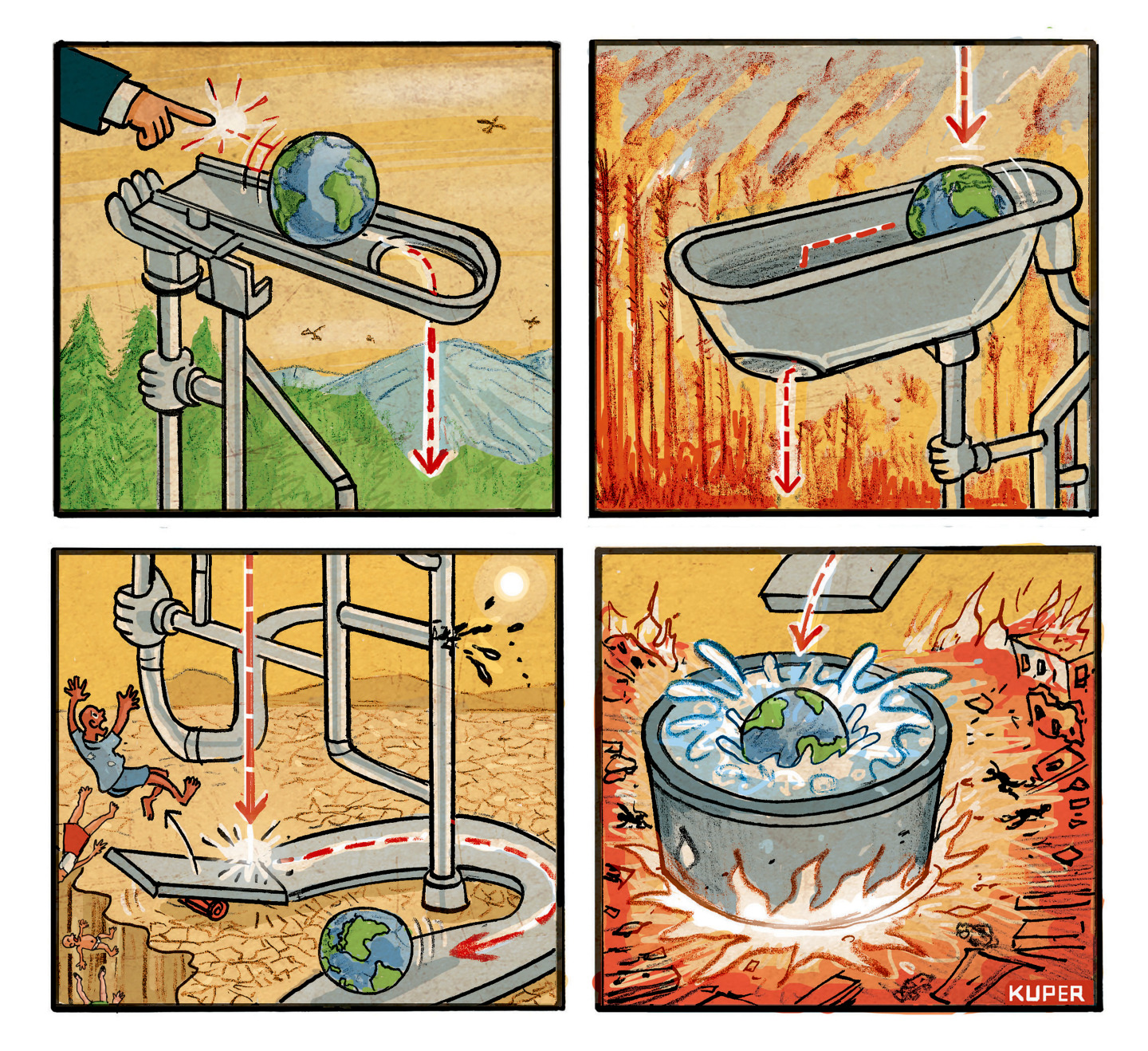 This is a four-panel editorial cartoon focused on climate change. It&amp;rsquo;s drawn to resemble the Mousetrap game, which is a series of Rube Goldberg style gizmos. The first panel shows the beginning of the game where a person sends the ball on its way. In this version, the ball is Earth. Earth makes its way through different obstacles until it lands in a boiling cauldron of water.