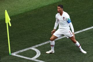 Cristiano Ronaldo celebrates after scoring for Portugal against Morocco at the 2018 World Cup.