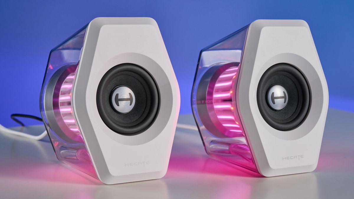 A pair of Edifier G2000 Pro gaming speakers with RGB lighting