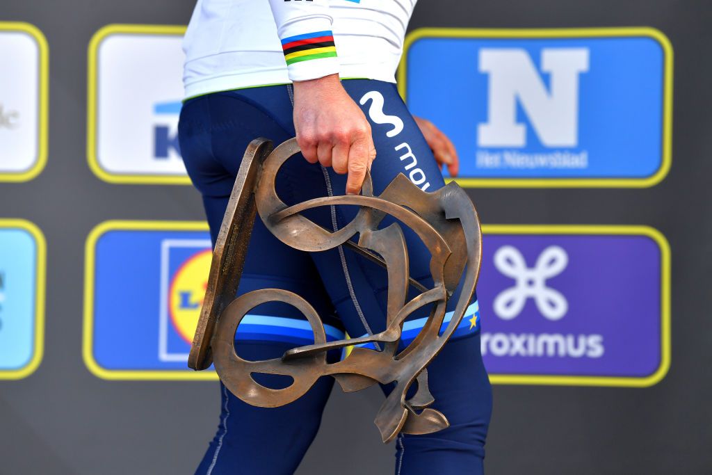 OUDENAARDE BELGIUM APRIL 04 Podium Annemiek Van Vleuten of Netherlands and Movistar Team Women Celebration during the 18th Ronde van Vlaanderen Tour of Flanders 2021 Womens Elite a 1524km race frim Oudenaarde to Oudenaarde Trophy Detail view RVV21 rondevanvlaanderen tourofflanders UCIWWT on April 04 2021 in Oudenaarde Belgium Photo by Luc ClaessenGetty Images