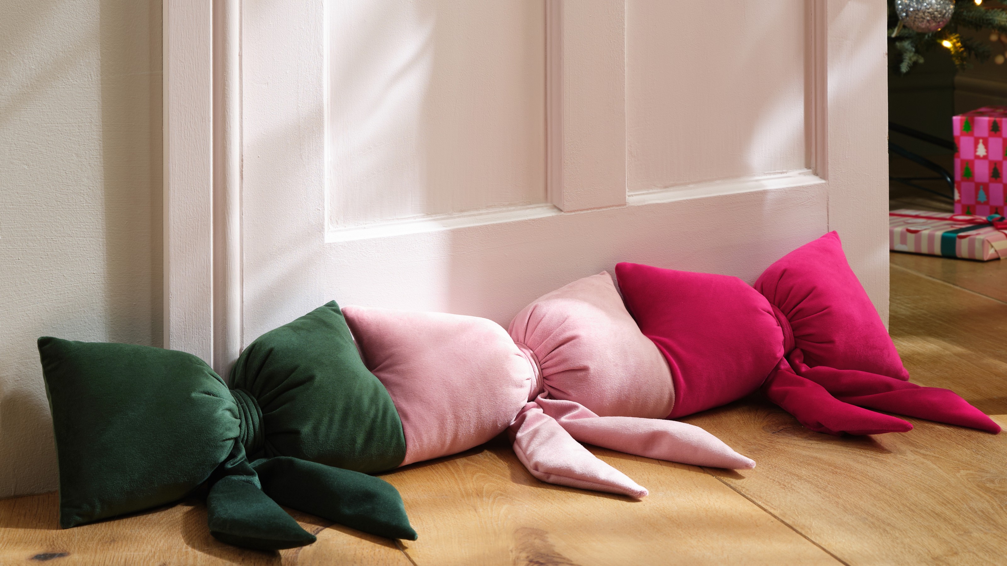 Next Pink Green Christmas Velvet Bows Draught Excluder