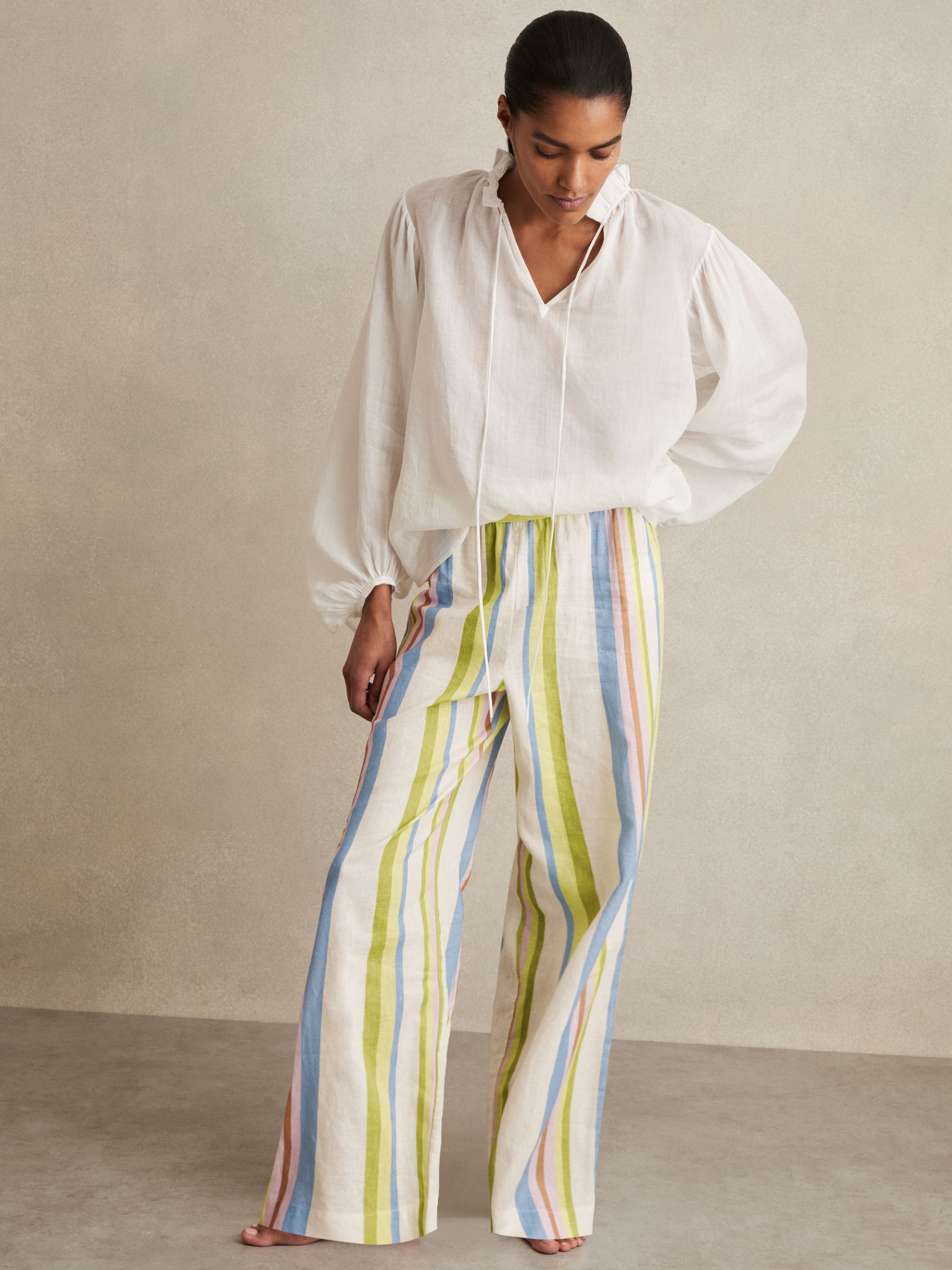 Linen-Blend Stripe Trousers in Green/blue