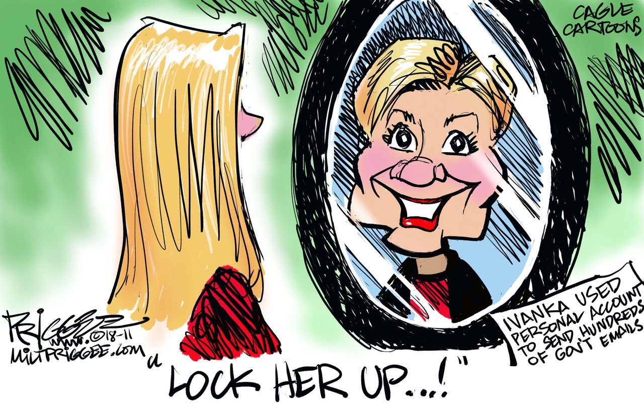 Political cartoon U.S. Ivanka Trump Hillary Clinton mirror person email scandal lock her up