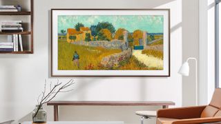 A Samsung Frame tv in a modern living room showing a Van Gogh