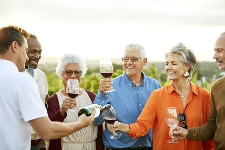 Man pouring red wine for senior males and females during sunset. Smiling elders enjoying winetasting in vineyard. They are standing against sky.