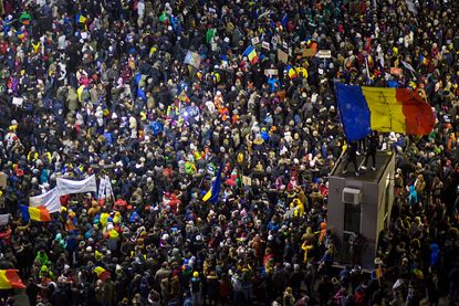 Protesters in Bucharest, Romania.