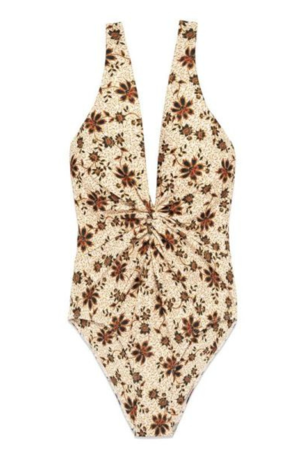 floral one piece bathing suit with beige background