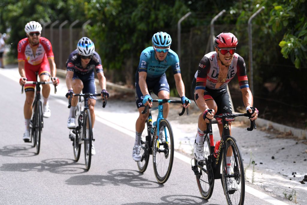 RINCON DE LA VICTORIA SPAIN AUGUST 24 Matteo Trentin of Italy and UAE Team Emirates in the Breakaway during the 76th Tour of Spain 2021 Stage 10 a 189km stage from Roquetas de Mar to Rincn de la Victoria lavuelta LaVuelta21 on August 24 2021 in Rincon De La Victoria Spain Photo by Tim de WaeleGetty Images