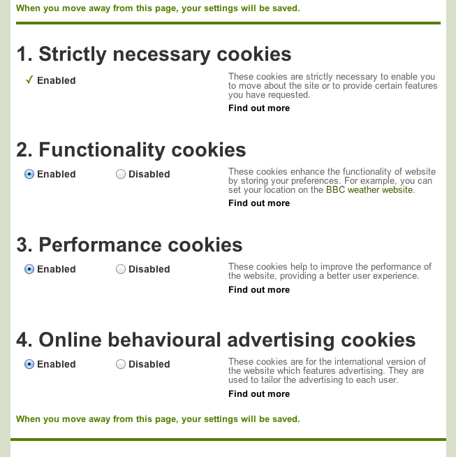 The BBC's cookie notification style is up front and simple: on brand, on message and unobtrusive
