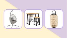 Ashley Furniture sale items including an egg chair, a metal and wood dining set, and a rattan lantern on a purple and yellow background