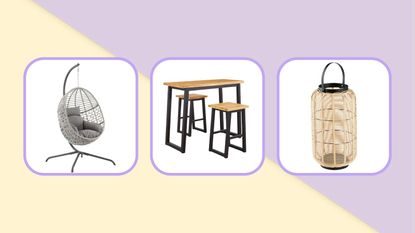 Ashley Furniture sale items including an egg chair, a metal and wood dining set, and a rattan lantern on a purple and yellow background